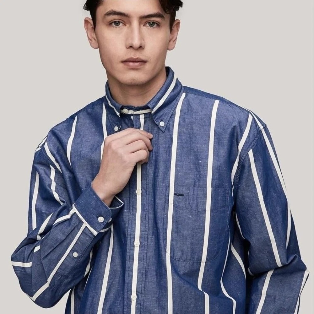 Tommy Hilfiger Mens Blue White Striped Cotton Linen Button Down  S/P
